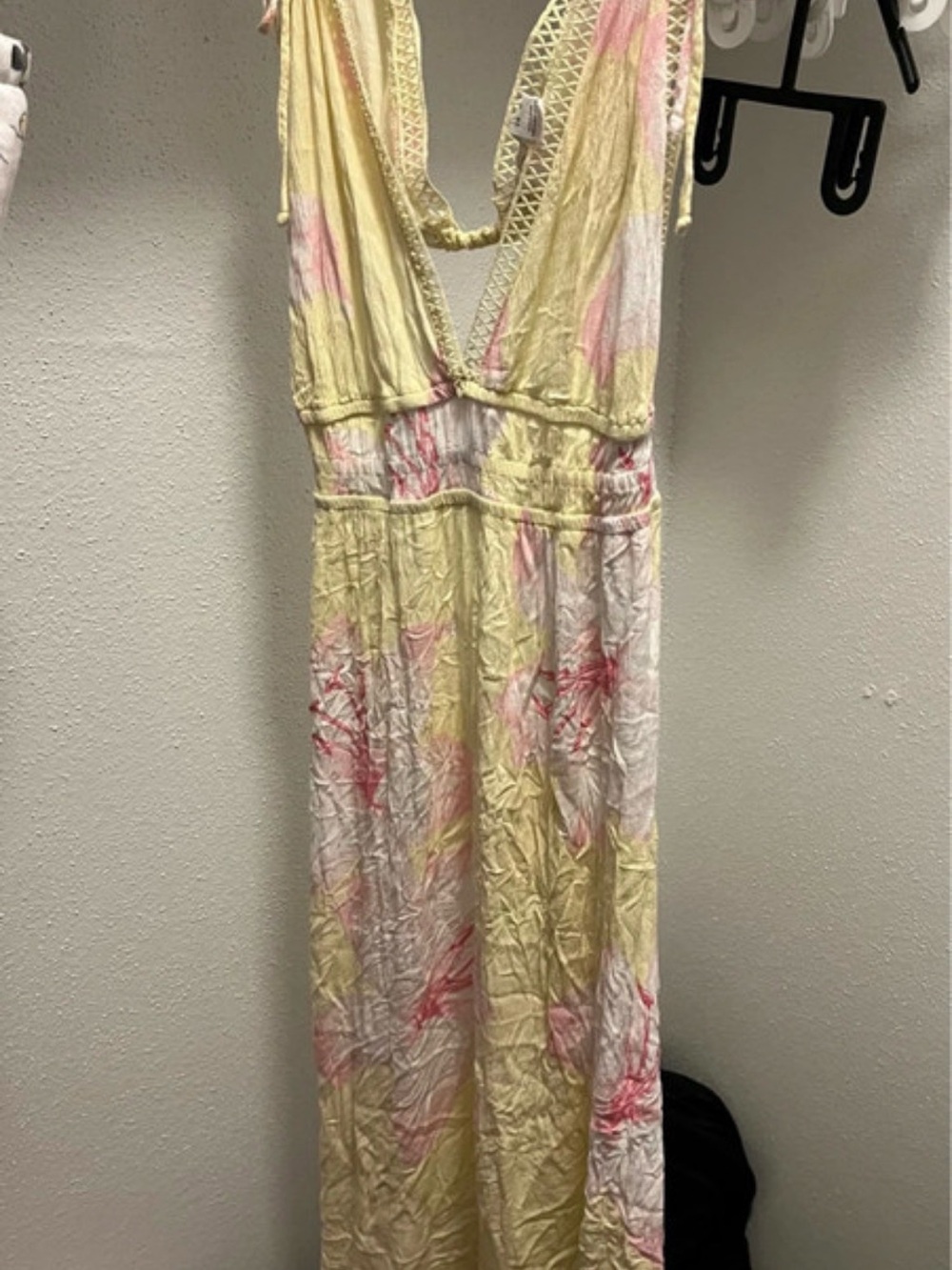 Yellow and Pink Tie-Dye Maxi Dress with Crochet V-Neck